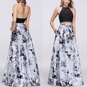 BLONDIE Nites Gray and Black Floral Satin Maxi Ball Skirt